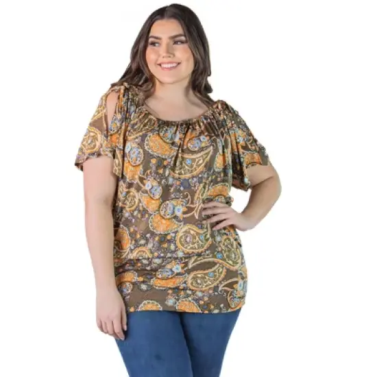 Women's Plus Size Brown Paisley Top with Short Sleeves and Slit Shoulders image {4}