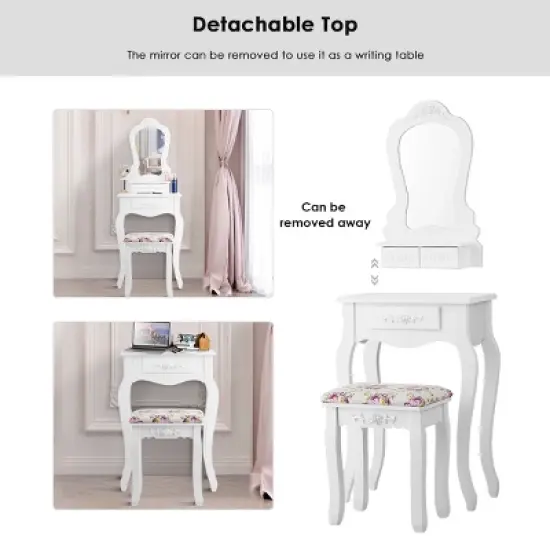 Costway White Vanity Jewelry Makeup Dressing Table Stool Drawer image {8}