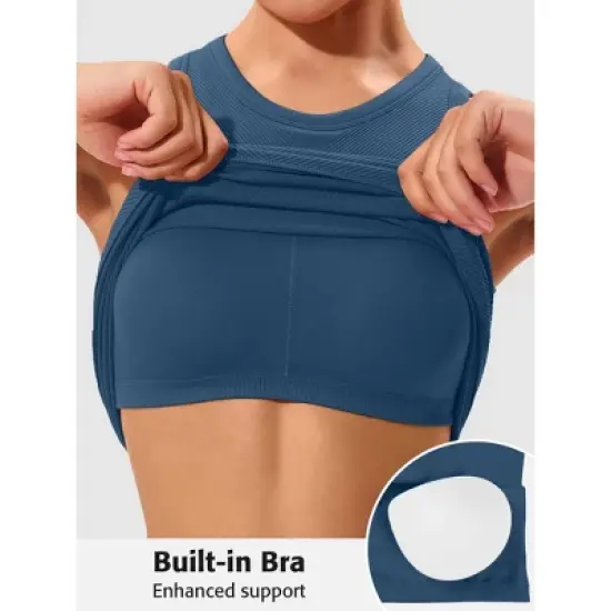 Attraco Women's Workout Tank Tops Seamless Full Length Gym Tops Athletic Yoga Top Built in Bra Sport Tops image {9}