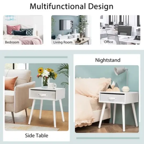 Costway Mid-Century Nightstand End Accent Bedside Table W/ Fabric Drawer Rustic White image {5}