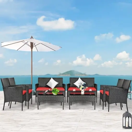 Costway 8PCS Patio Rattan Furniture Set Cushioned Sofa Coffee Table Backyard Turquoise\Red image {11}