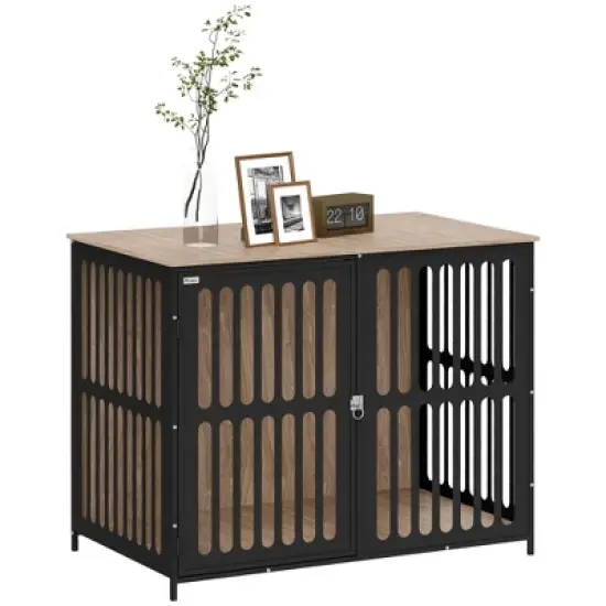 PawHut Dog Crate Furniture, 39" Dog Cage Furniture End Side Table w/ Anti-Chew Resistant Mesh, Anti-Escape Single Door, for Large Dogs, Walnut Brown image {6}
