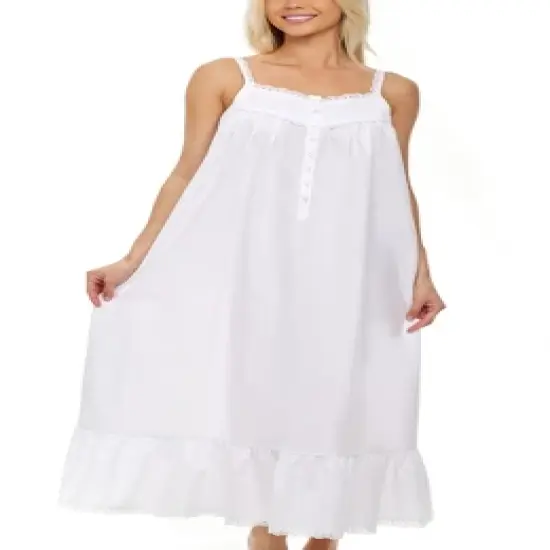Women's Cotton Victorian Nightgown, Cecilia Sleeveless Lace Trimmed Button Up Long Vintage Night Dress Gown image {6}