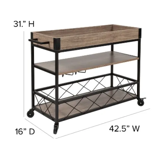 Merrick Lane Rolling Kitchen Serving and Bar Cart with Shelves and Wine Glass Holders in Distressed Light Oak Wood and Black Iron image {8}