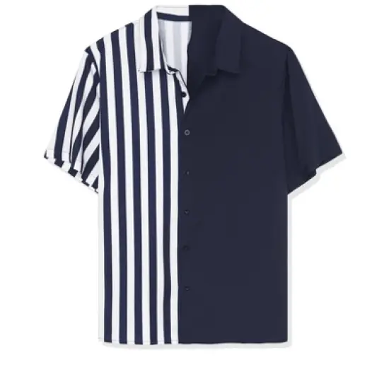 Lars Amadeus Men's Irregular Geometric Color Block Patchwork Button Down Short Sleeve Striped Shirts image {9}