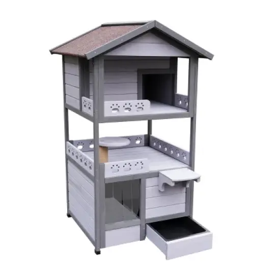 42" Three Story Outdoor Cat House with Balcony Large Cat Shelter Weatherproof Outside Cat House with Drawer & Pvc Door -The Pop Home image {1}