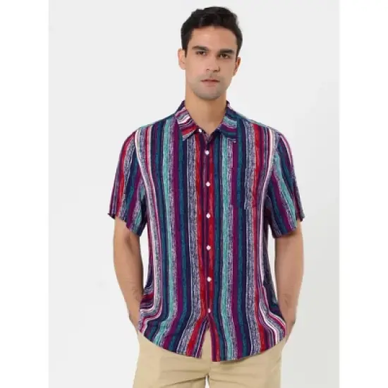 Lars Amadeus Men's Button Down Short Sleeve Casual Vertical Multicolor Shirt image {2}