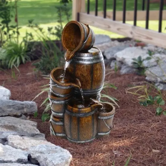 24" Indoor/Outdoor Tiered Barrels and Buckets Fountain Brown - Alpine Corporation image {1}