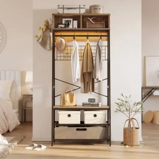 Bestier 31.5'' Wide Hall Tree with Bench and 3-Tier Shoes,5 HOOKS & Clothes Rod Two & Top Storage Cubes with Grid Memo Board & 2 Adjustable Feet image {7}