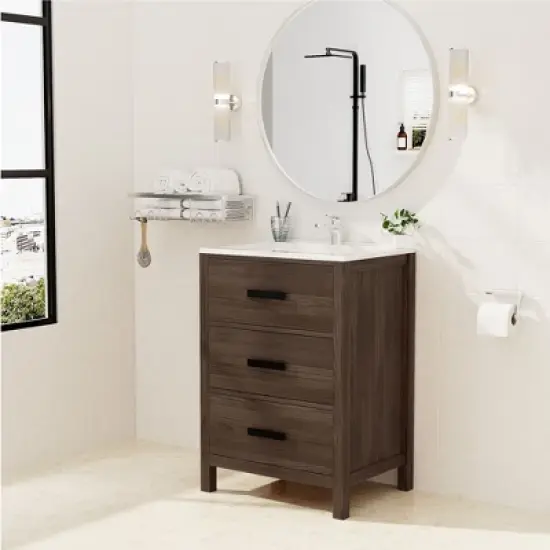 Hyleory 24" KD Freestanding Bathroom Vanity with Resin Single Sink, 3 Drawers image {12}
