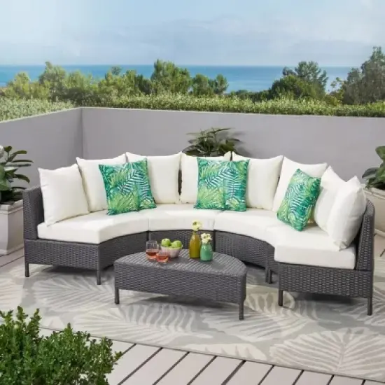 5-Piece Outdoor Wicker Half-Circle Patio Conversation Set with Cushions, Modular Sectional Sofa and Coffee Table for Backyard-The Pop Home image {9}