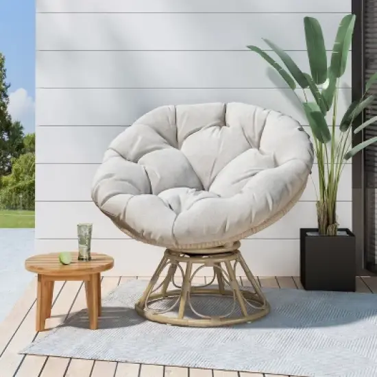 35"W Patio Accent Chair Swivel Chair Wicker Lounge Chair with Cushion, Bowl-shaped Design and Rattan Frame, for Balcony Garden-Christopher Knight Home image {9}