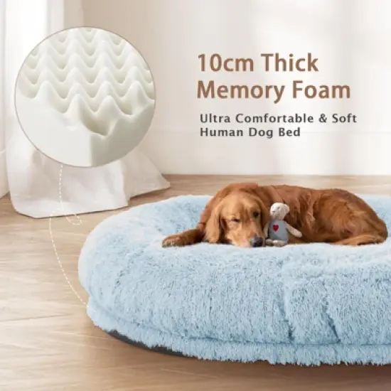71''x45''x12''  Human Dog Bed Fits Adult 10 CM Thick Memory Foam Washable Oversize Dog Bed with Plump Pillow, Blanket, Strap - Blue image {1}