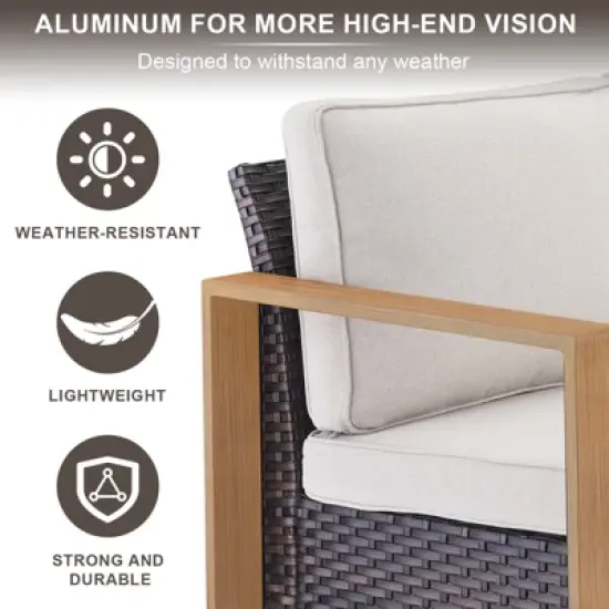 POCASSY 74.8" Outdoor 3-Seater Sofa with Meatl Armrest, Outdoor Furniture Sofa with Faux Wood Square Armrest and High Back for Porch Deck image {3}