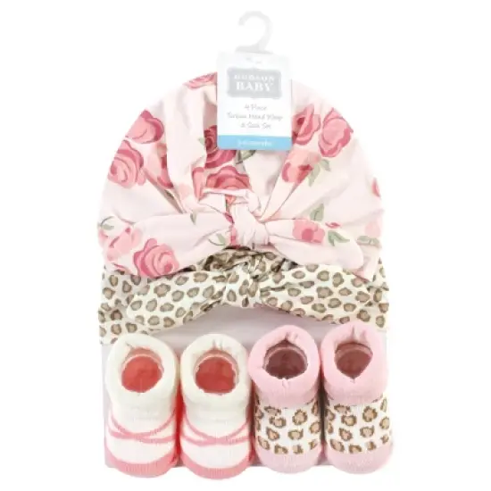 Hudson Baby Infant Girl Turban and Socks Set, Blush Rose Leopard, One Size image {1}