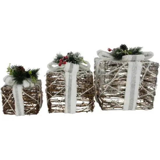 Northlight LED Lighted Gift Boxes with Pine and Berries Christmas Decorations - 9.75" - Set of 3 image {2}