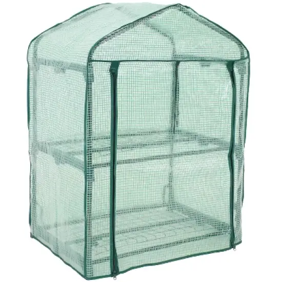 Sunnydaze Outdoor Portable Growing Rack 2-Tier Greenhouse with Roll-Up Door - 2 Shelves - Green image {6}