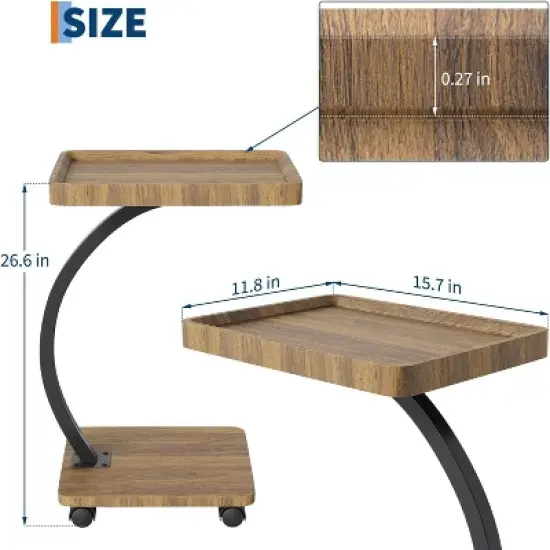 GustoWave C-Shaped Side Table With Wheels, 360&deg; Rotating Side Table With 2-Layer Storage Shelves, Adjustable Height, Suitable For Living Room, Bedroom image {1}