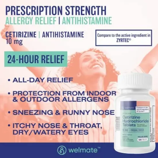 WELMATE 24 Hour Allergy Relief Tablets - Cetirizine HCl 10mg 500ct image {1}