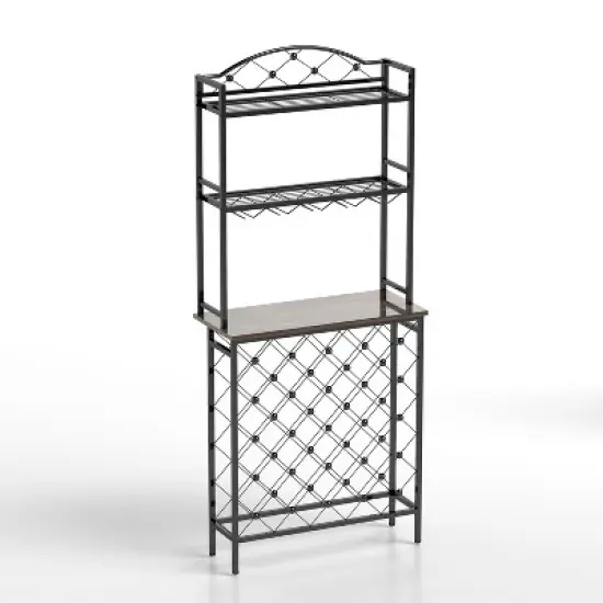 DOMETOUR Industrial Wine Rack Bar Table, 3-Tier Liquor Bottle and Glass Holder with Storage, Metal & Wood Organizer for Home Kitchen & Dining Room image {9}