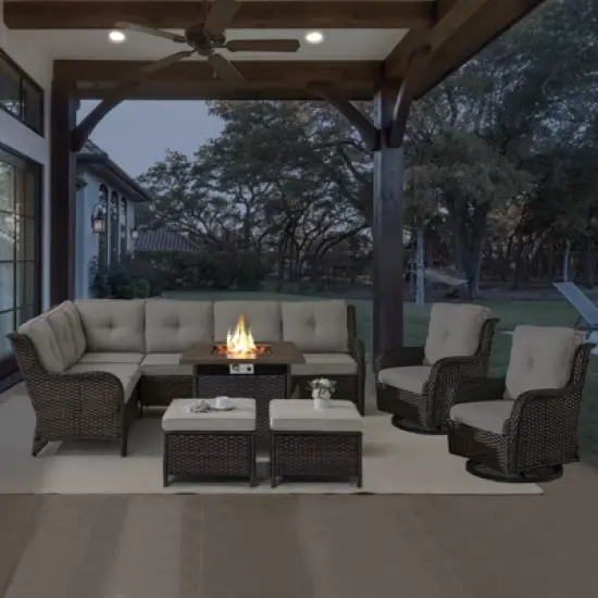 POCASSY 7-Piece Outdoor Furniture Set with Propane Fire Pit Table, Outdoor Living Set with All-Weather Brown Wicker Sectional Sofa and Swivel Chair image {14}