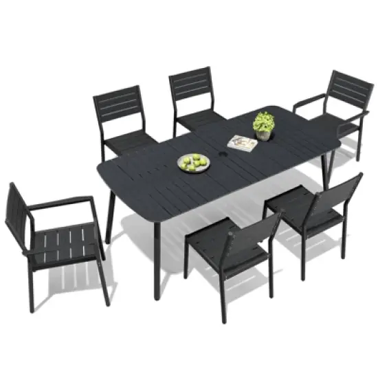 Crestlive Products 7pc Aluminum Patio Dinning Set 70.9in Table and 6 Chairs Plastic Wood Top with Umbrella Hole for Outdoor Pool Lawn image {10}