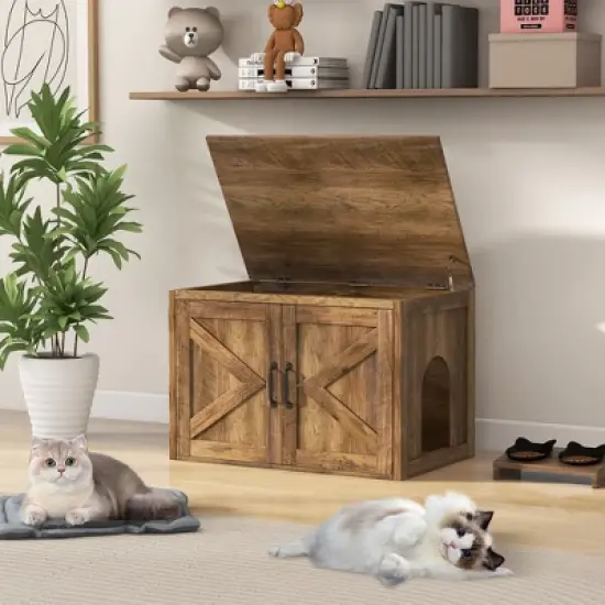 Tangkula Cat Litter Box Enclosure w/ Double Barn Doors Removable Divider Middle Entry image {2}