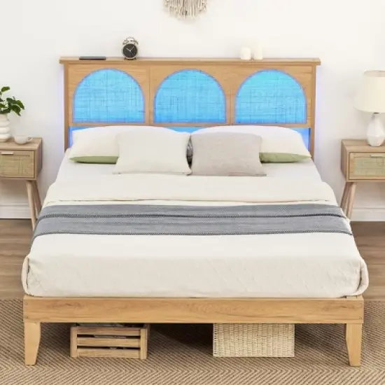 Bed Frame With Natural Rattan Headboard, Boho Wooden Platform Bed With Strong Wooden Slats, Noise-Free, No Box Spring Needed, Arch image {1}