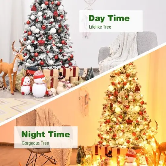 Costway 6ft/7.5ft/9ft Pre-Lit Premium Snow Flocked Hinged Artificial Christmas Tree with 250 Lights/450 Light/550 Lights image {6}