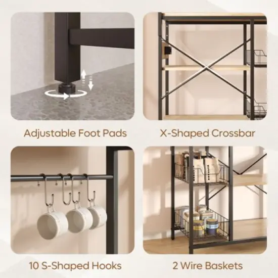 Bestier 65" Bakers Rack with Power Outlets, 5-Tier Kitchen Storage Shelves, Microwave Stand with 2 Wire Basket & 10 Hooks image {6}