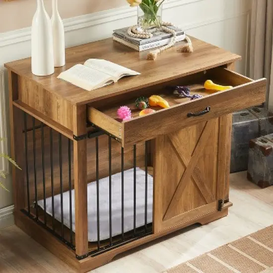 Large Dog Crate Furniture with Barn Door & Storage Drawer, Fits Dogs up to 100 lbs image {3}