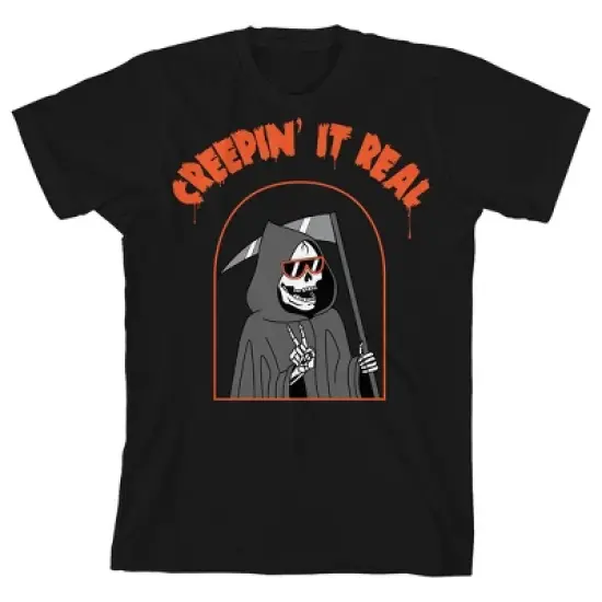 Kids Halloween Peace Sign Grim Reaper "Creepin' It Real" Unisex Youth Black Short Sleeve Crew Neck Tee image {6}