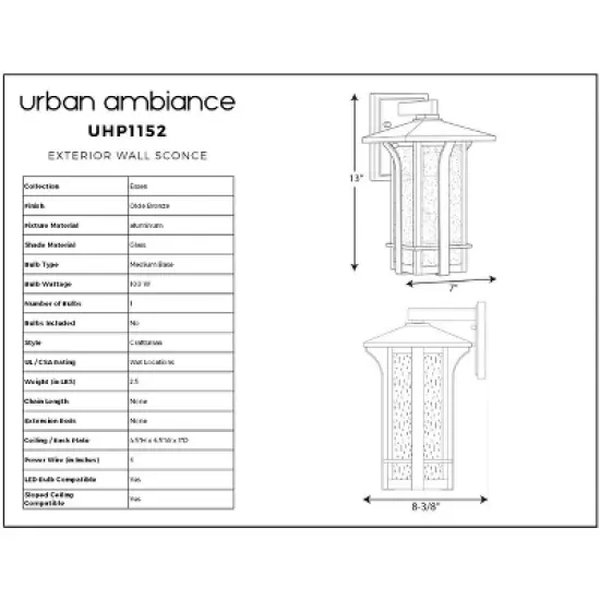 Urban Ambiance Luxury Craftsman Outdoor Wall Light,  13" x 7",  Olde Bronze Finish, UHP1152 image {5}