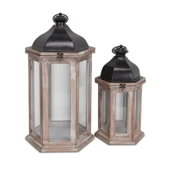 HomeRoots Set of Two Brown Geometric Metal And Solid Wood Floor Lantern Candle Holders image {2}