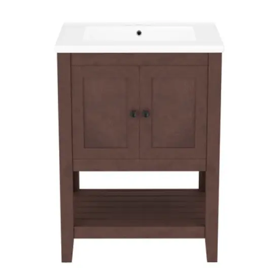 KIGFTSOD 24" White Modern Sleek Bathroom Vanity Elegant Ceramic Sink with Solid Wood Frame Open Style Shelf image {3}