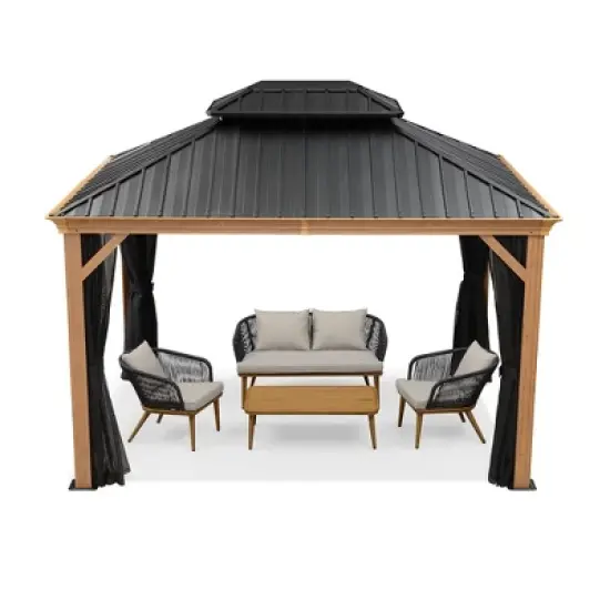 PURPLE LEAF Outdoor Hardtop Gazebo for Patio Galvanized Steel Double Roof Permanent Canopy Teak Finish Aluminum Frame Pavilion Gazebo with Netting image {8}