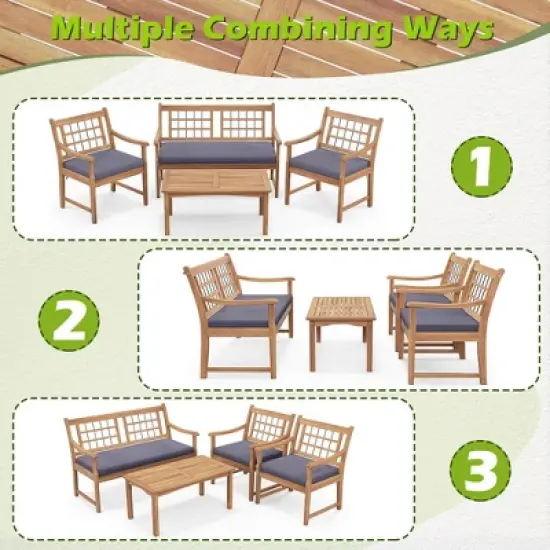 Costway 4 PCS Wood Patio Furniture Set with Soft Seat Cushions Solid Acacia Wood Frame Off White/Gray image {7}