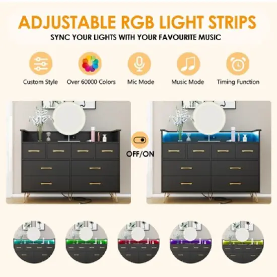 Dresser with Power Outlet and LED Lights, Wood 8 Drawer Dresser for Bedroom, Modern Chest of Drawers for Closet, Living Room image {5}