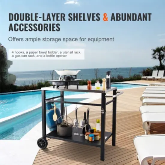 VEVOR Outdoor Grill Dining Cart with Double-Shelf, BBQ Movable Food Prep Table, Multifunctional Stainless Steel Table Top, Portable Modular Carts image {4}