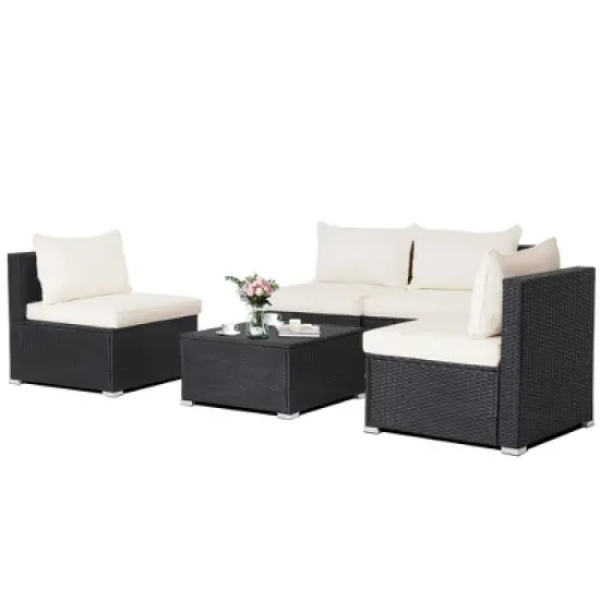 Costway 5PCS Patio Rattan Wicker Furniture Conversation Set Cushioned Sofa Deck image {3}
