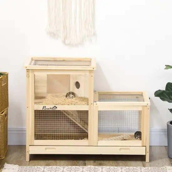 PawHut Extra Large Wooden Hamster Cage W/ Sliding Tray, Seesaw, Small Animal Habitat with Openable Roof, Wide Ramp for Racing, Running Wheel, Natural image {1}
