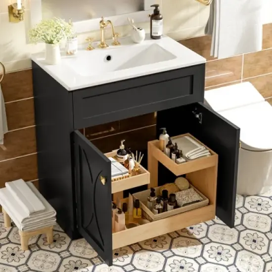 30'' Modern Bathroom Vanity with Ceramic Sink, Freestanding Storage Cabinet with Soft-Closing Doors & Gold Handles, White/Black - ModernLuxe image {1}