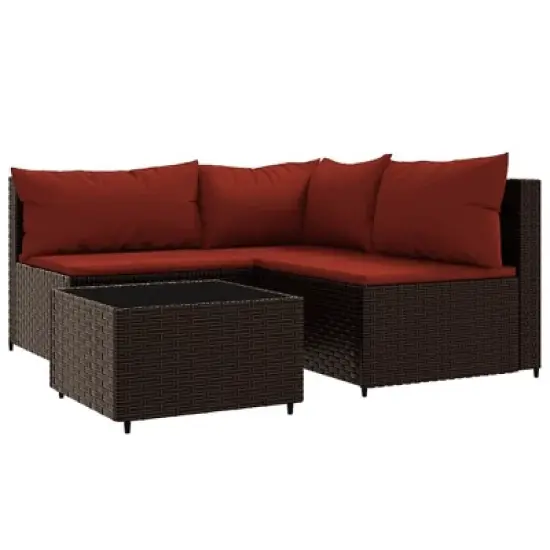 vidaXL Outdoor Patio Lounge Set, Brown PE Rattan Sofa Set with Cinnamon Red Cushions - 4 Piece, Includes Comfortable Padded Seating and Glass Tabletop image {12}