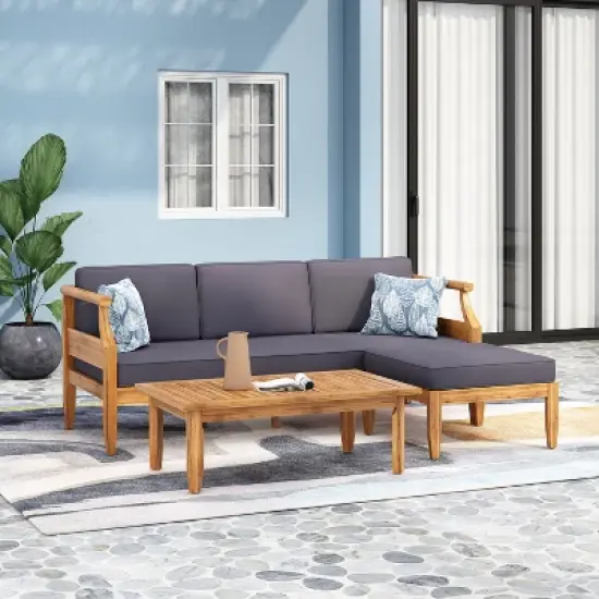 Christopher Knight Home Sloane Outdoor Acacia Wood 3 Seater Sofa Chat Set with Ottoman, Teak and Dark Gray image {1}