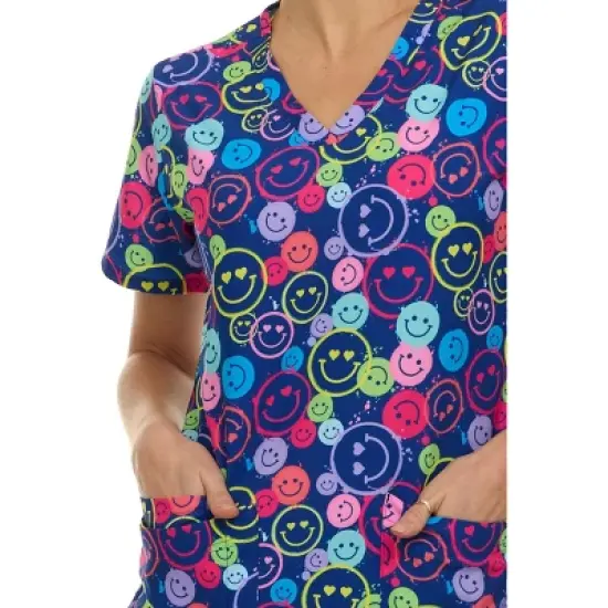 Medichic Scrubs Printed V-Neck Scrub Top - Four Pocket Fashion Scrub Top for Women, Be Happy Smiles, X Small image {3}