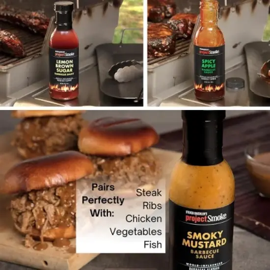 Steven Raichlen Project Smoke Barbecue Sauce Gift Box- 3 Pack- Spicy Apple, Smoky Mustard, Lemon Brown Sugar- Great Gift- Chicken Ribs Fish Veggies image {3}