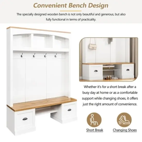 TIRAMISUBEST Farmhouse 4-in-1 Hall Tree with Bench - Entryway Organizer with Black Hooks & Adjustable Shelves, White image {6}