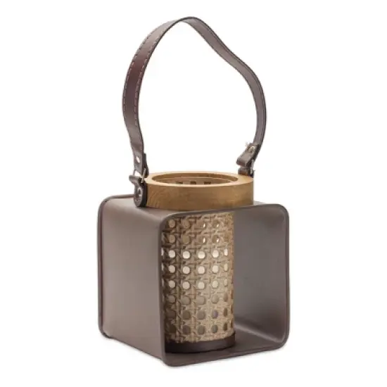HomeRoots 7" Natural And Brown Distressed Lattice Iron And Wood Tabletop Lantern Candle Holder image {5}