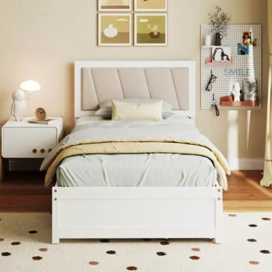 Costway Twin Size Bed Frame with 2 Storage Drawers Upholstered Headboard Wood Structure image {3}