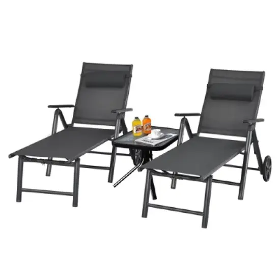 Costway  2PCS Patio Lounge Chair W/ Wheels Neck Pillow Aluminum Frame Adjustable image {2}